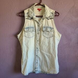 Bongo Western Studded Acid Wash Denim Look Pearl Snap Shirt Womens L Sleeveless